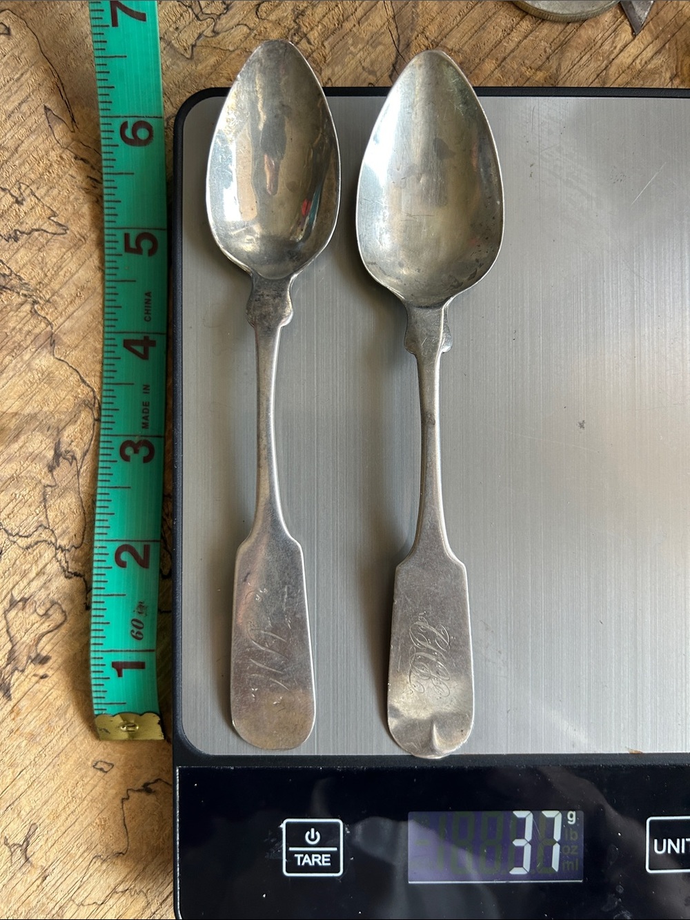 Pair of coin Silver fiddle spoons 6” 37 grams .900 silver dinner Spoons